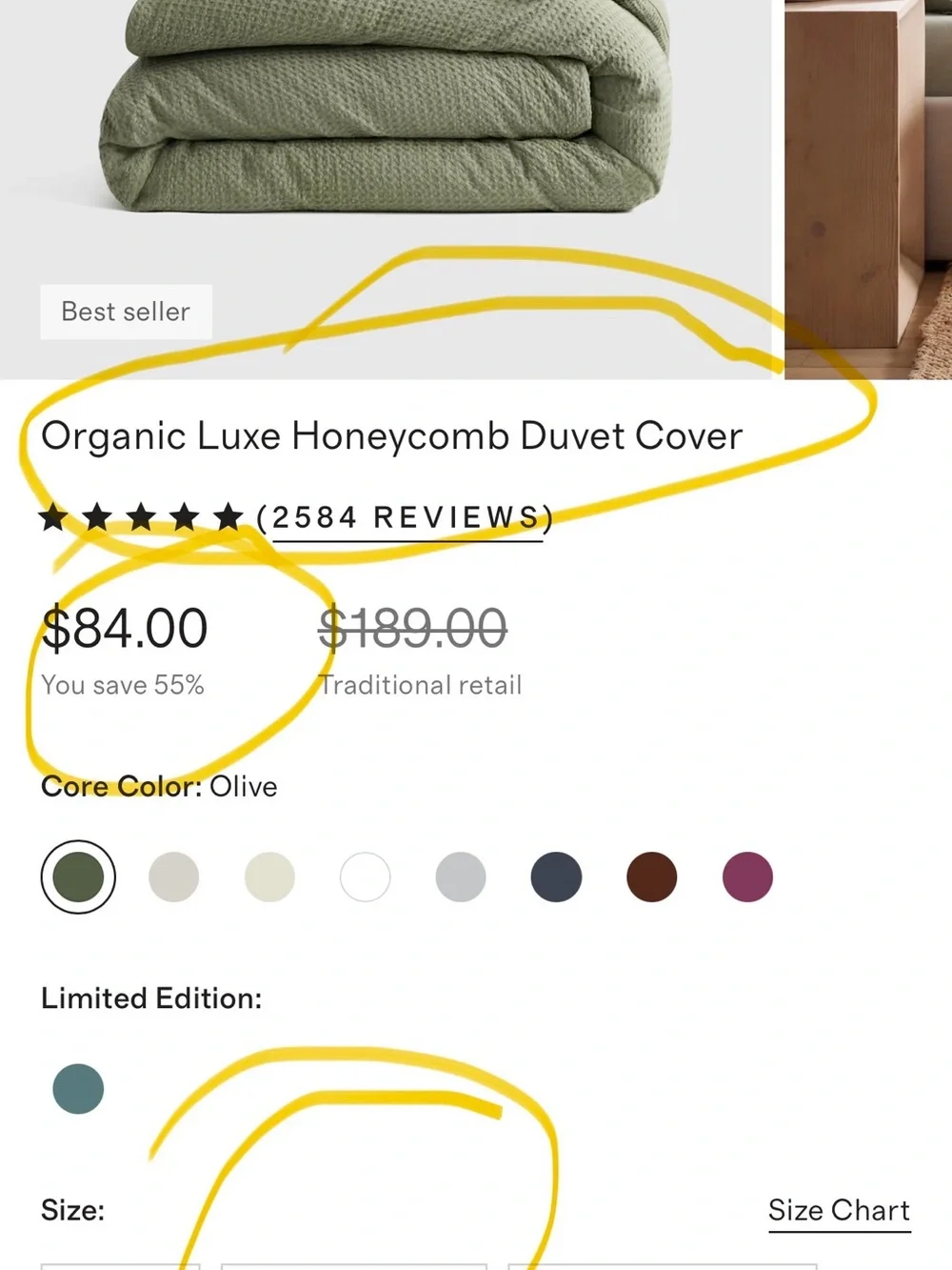 New Quince Queen Organic Luxe Honeycomb Duvet Cover OLIVE $84